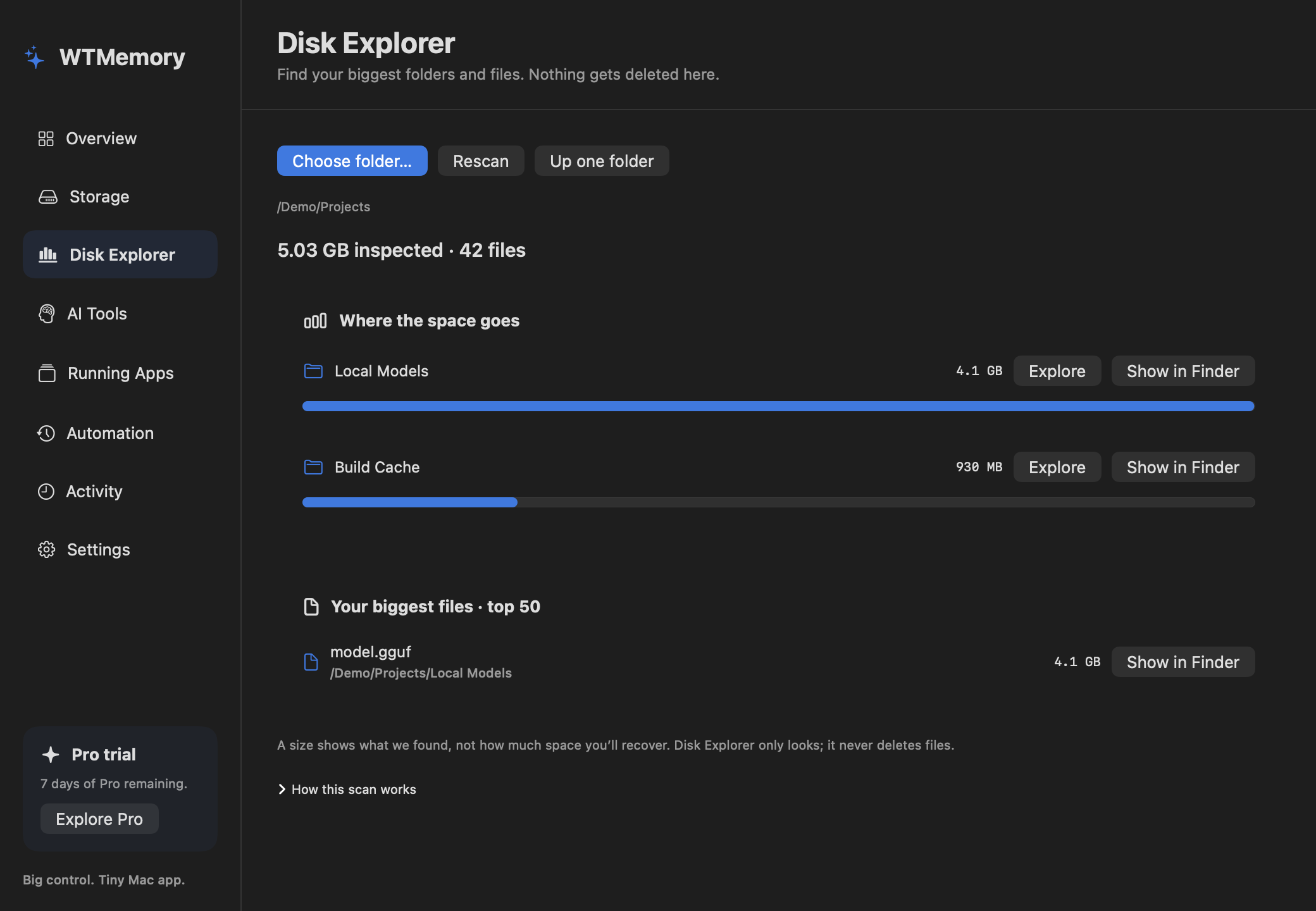 WTMemory Disk Explorer showing proportional folder size bars and its largest-file list