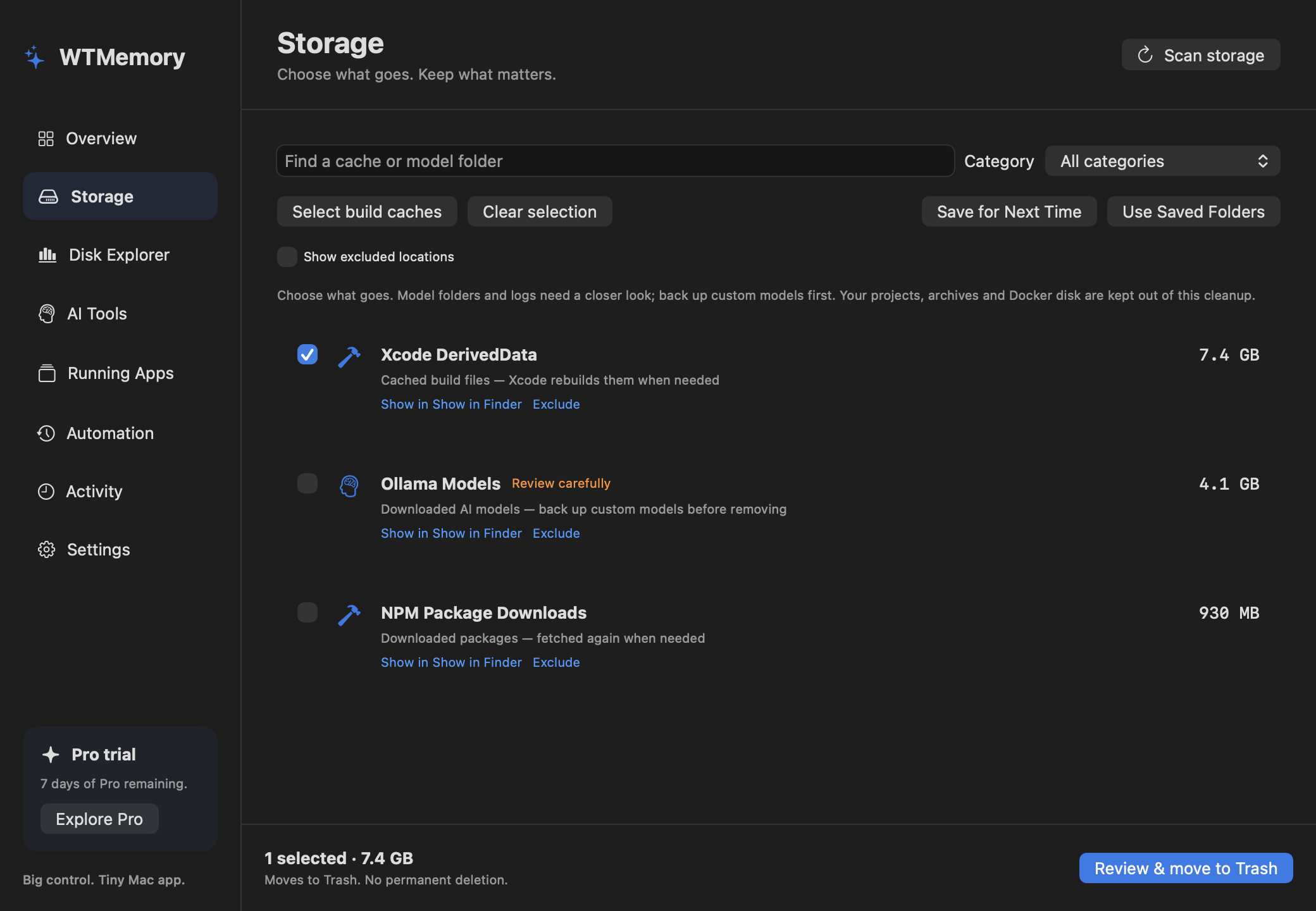 WTMemory native Storage workspace with cache descriptions, sizes, individual selection and Finder controls